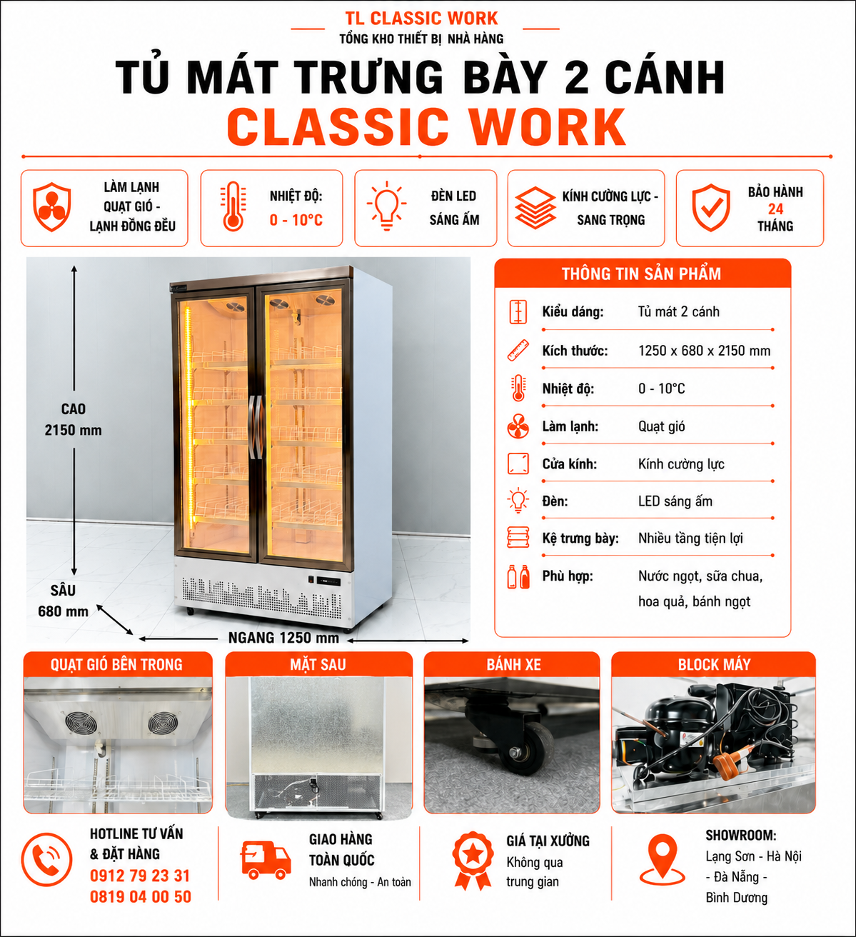 Tủ mát 2 cánh cao cấp sấy kính điện