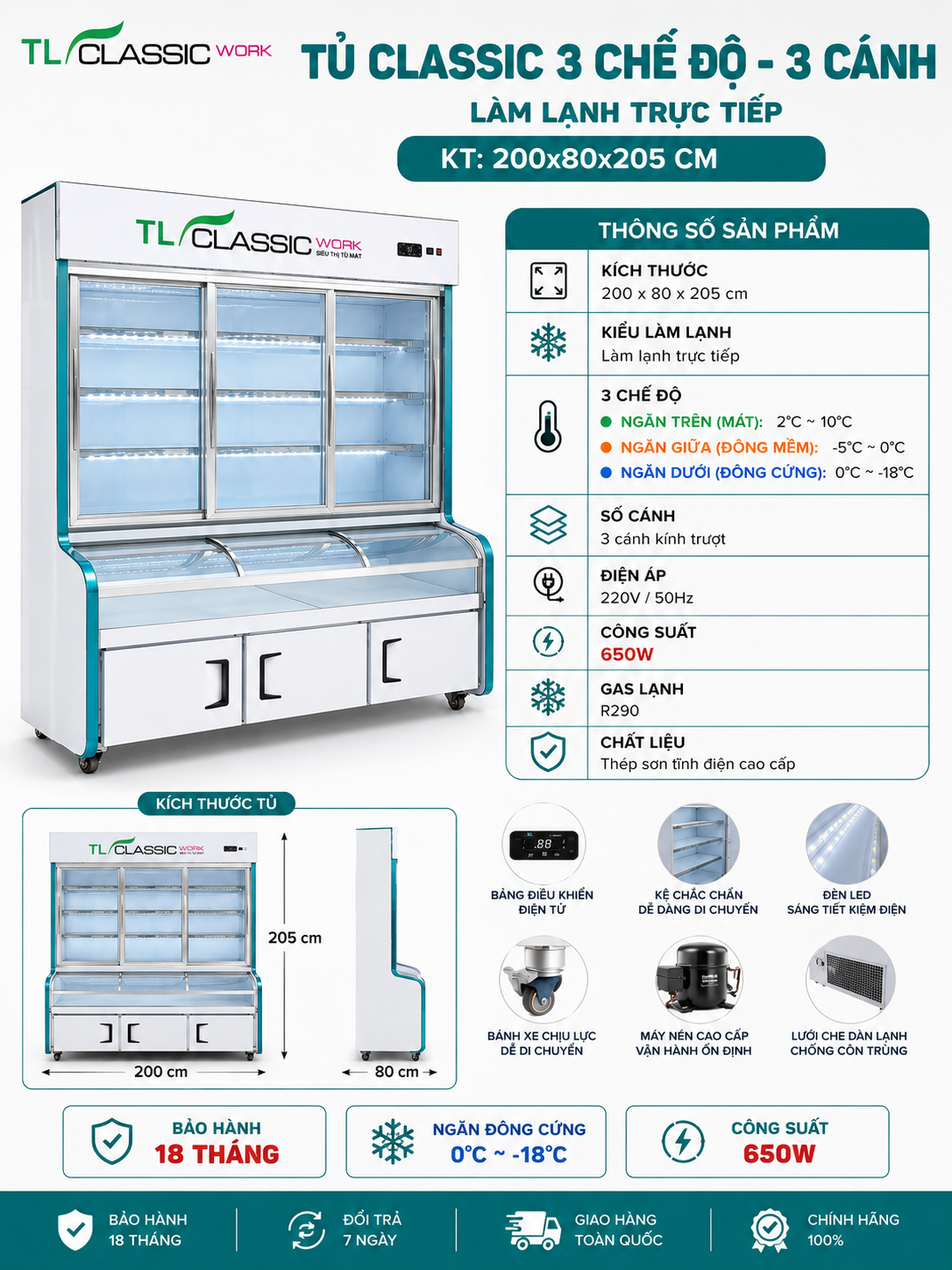 Tủ tích hợp 3 chế độ  mát - đông - mềm CLassic V2