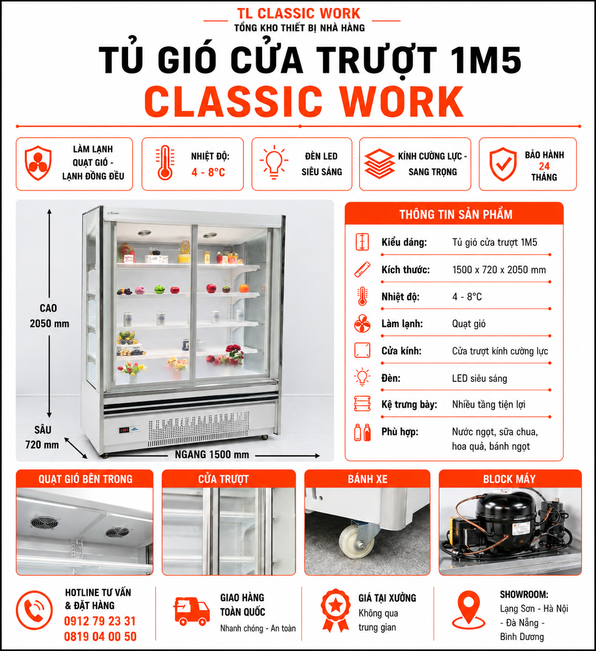 Tủ mát đứng cửa trượt 1M5