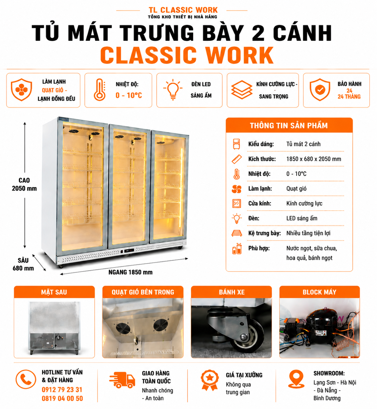 Tủ mát 3 cánh cao cấp đèn 3 màu ( màu trắng)