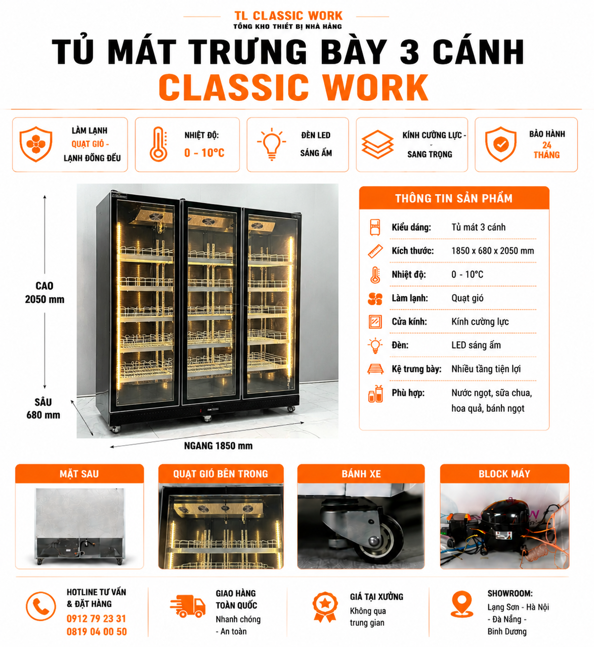 Tủ Mát 2 3 4 Cánh Cao Cấp - Đèn LED 3 Màu ( Đen) Tiết Kiệm Điện, Hiện Đại