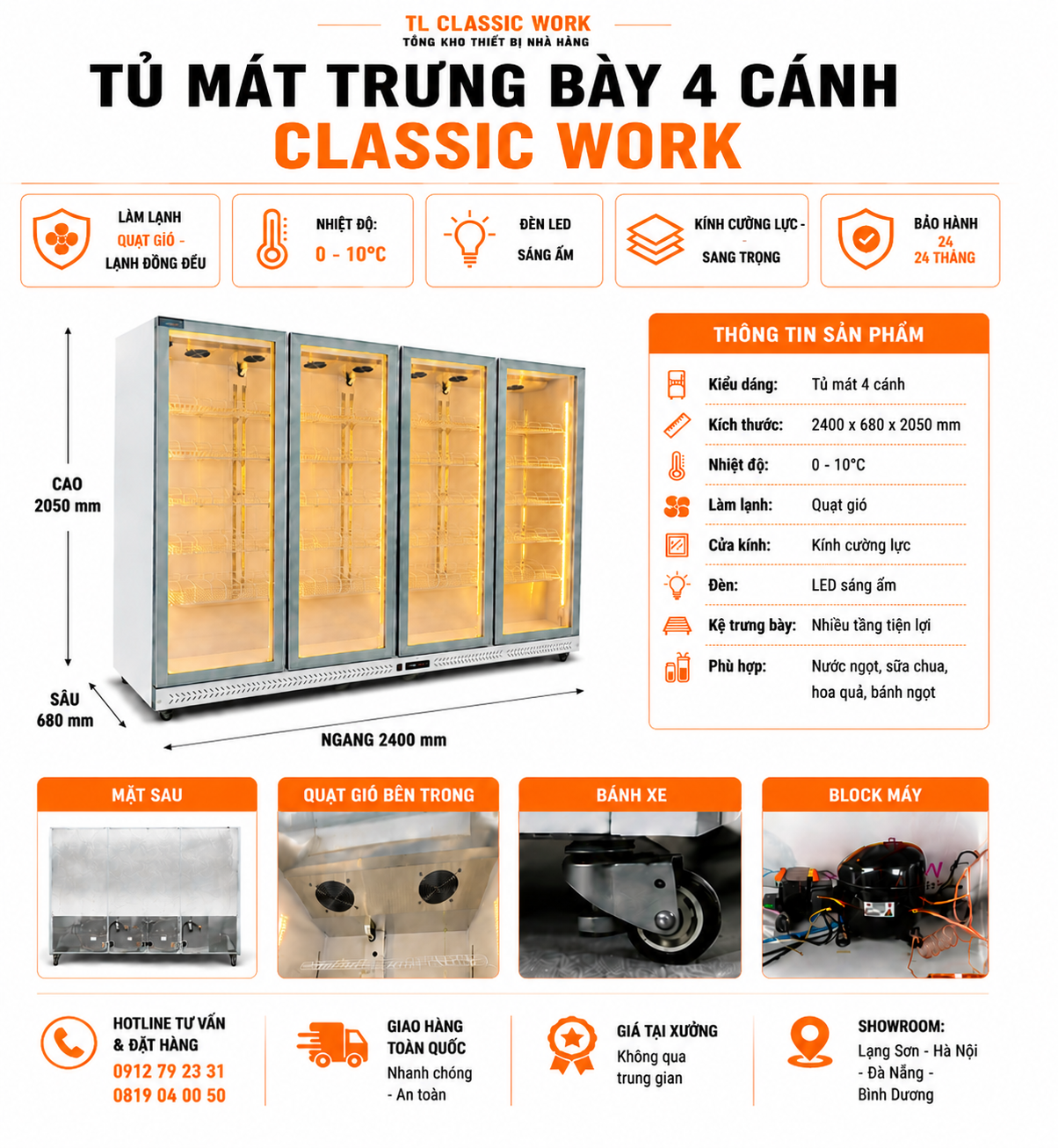 Tủ Mát 2 3 4 Cánh Cao Cấp - Đèn LED 3 Màu (Trắng) Tiết Kiệm Điện, Hiện Đại